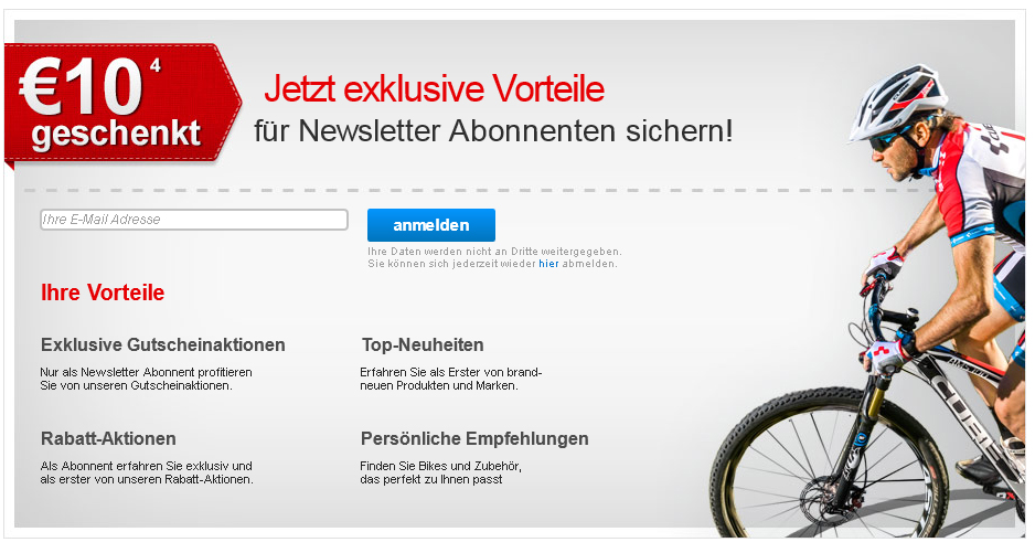10€ Gutschein für Newsletter Anmeldung bei fahrrad.de